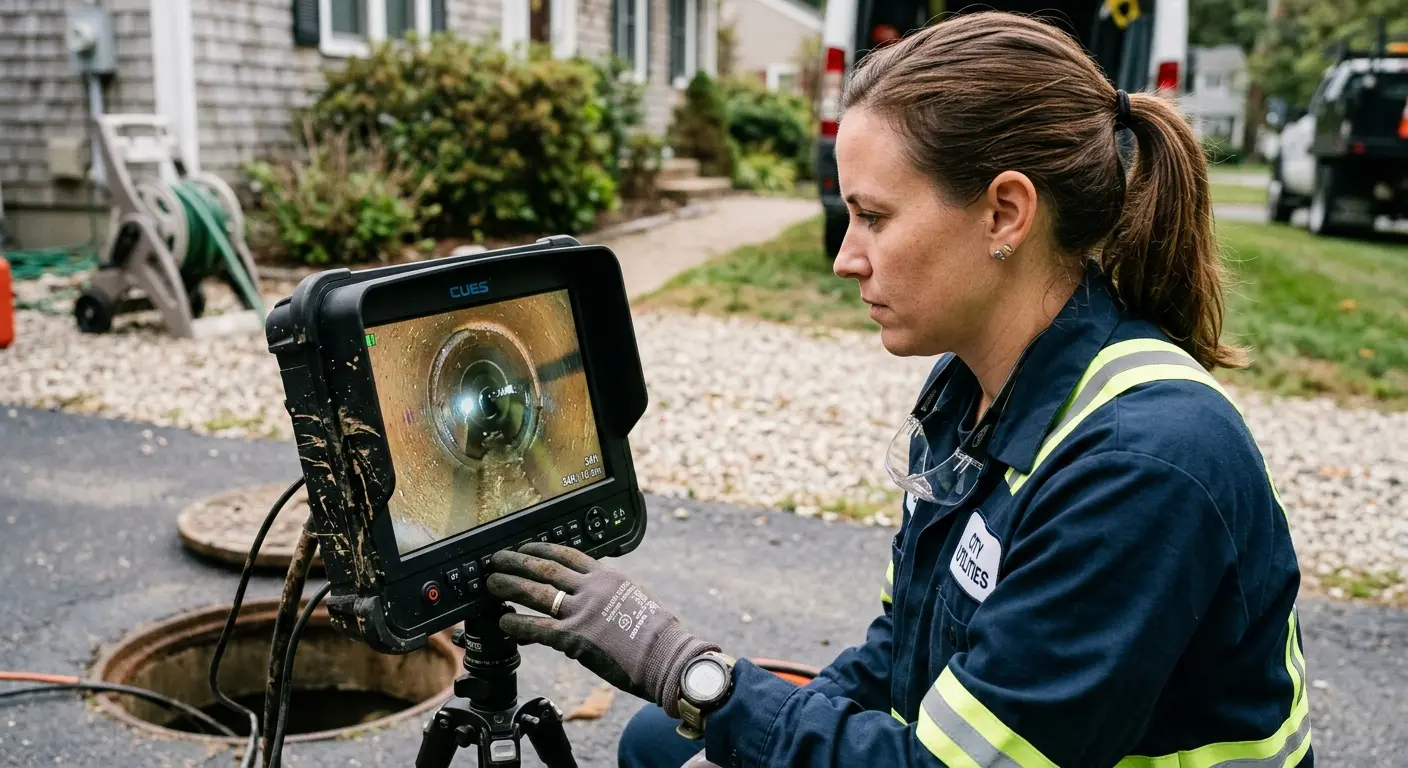 Technician reviewing sewer camera inspection footage in Bonita