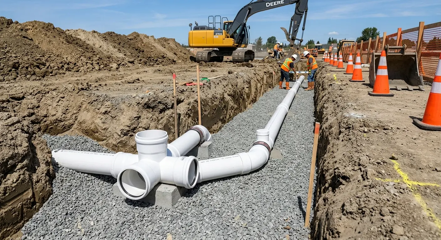 New PVC sewer pipe installation in open trench for Commercial Drain Cleaning in Bonita